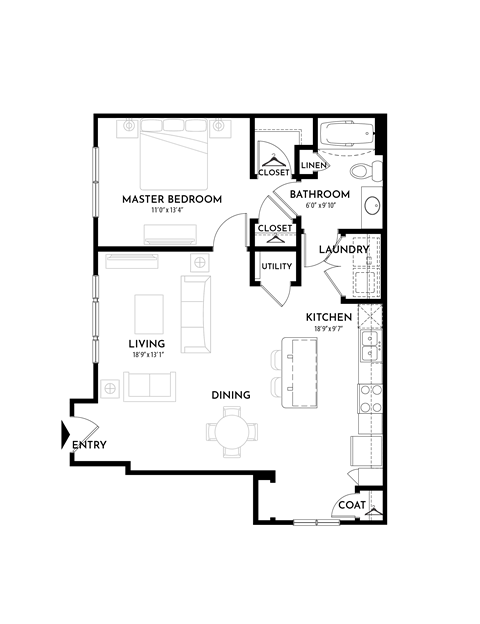 Floor plan for 1 bed, 1 bath, 816 sqft